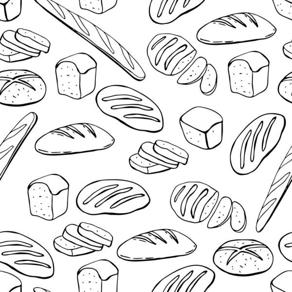 Seamless background with bakery products. An image of a hand-drawn food. Vector for web, print, textile.