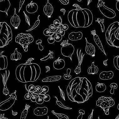 Karanlık bir arka planda kusursuz sebze karalamaları. Elle çizilmiş resimler. Posterler, ağ, tekstil, çocuk boyama sayfaları için vektör.