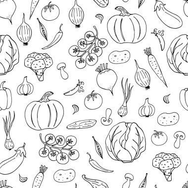 Hafif arka planda kusursuz sebze karalamaları. Elle çizilmiş resimler. Posterler, ağ, tekstil, çocuk boyama sayfaları için vektör.