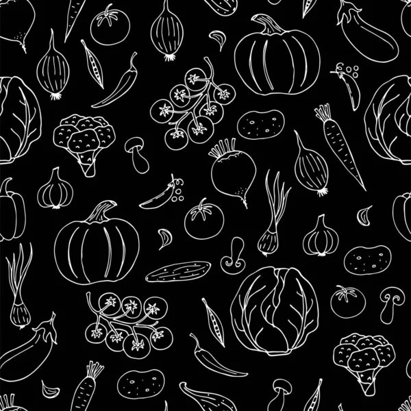 Nahtloses Muster Von Gemüsekritzeleien Auf Dunklem Hintergrund Handgezeichnete Bilder Vektor — Stockvektor