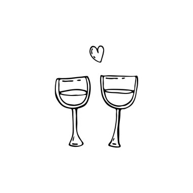 Sevgililer Günü için elle çizilmiş elementler. İnternet için karalamalar, kartpostal tasarımı, tebrikler. Şampanya bardakları