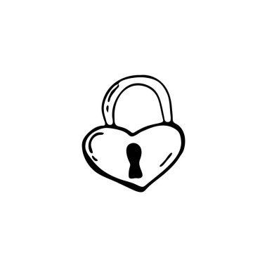 Sevgililer Günü için elle çizilmiş bir element. İnternet için karalamalar, kartpostal tasarımı, tebrikler. Kalp kilidi