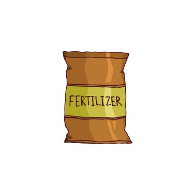 Gübre torbasının karalama resmi. Bahçe elemanı. Çıkartmalar, kartpostallar, simgeler ve web için el yapımı vektör resmi.