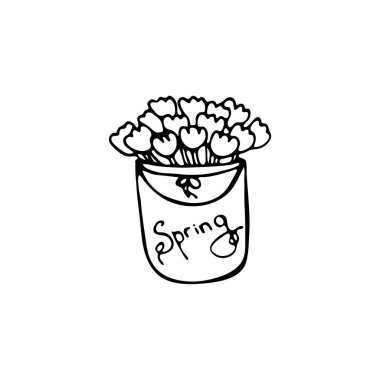 Çiçekli bir kutunun karalama resmi. El çizimi çocuk resimleri