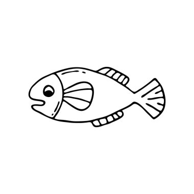 Dekoratif tarzda bir balığın karalama resmi. Etiketler, web, simgeler, kartpostallar, dekorasyon için resim. Neşeli, çocuksu, şirin vektör deniz teması.