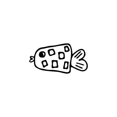 Dekoratif tarzda bir balığın karalama resmi. Etiketler, web, simgeler, kartpostallar, dekorasyon için resim. Neşeli, çocuksu, şirin vektör deniz teması.