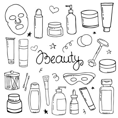 Kozmetik ürünleri, kavanozlar ve aksesuarlarla çizilmiş resimler. Elle çizilmiş illüstrasyon. Çeşitli tasarımlar için vektör resmi.