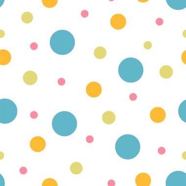 Beyaz arka planda renkli dairelerin görüntüsü olan kusursuz bir desen. Tekstil dekorasyonu için renkli vektör arkaplanı, hediye paketi, hediyelik eşya ürünleri, çocuk odası.