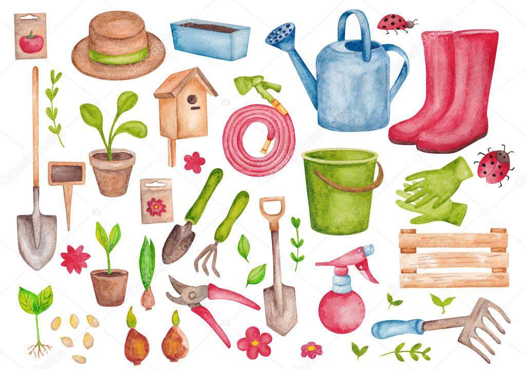 A set of items on the theme of the garden and vegetable garden. Color illustration with garden tools and plants. Watercolor illustrations for the design of stationery, textiles, web, postcards.
