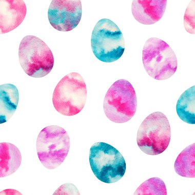Parlak Paskalya yumurtalarıyla kusursuz suluboya desenleri. Tekstil dekorasyonu için kusursuz desen, tatil kartları, posterler.