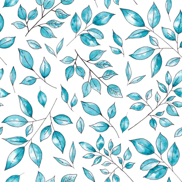 Mixed media seamless pattern with blue branches and leaves. Seamless pattern for decoration, textiles, postcards, stationery, covers.