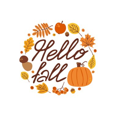 Sonbahar karalama elemanları ve el yazısıyla yuvarlak çerçeve - Merhaba sonbahar.