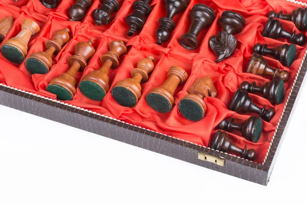 Pedaços de xadrez vintage em uma caixa — Fotografia de Stock