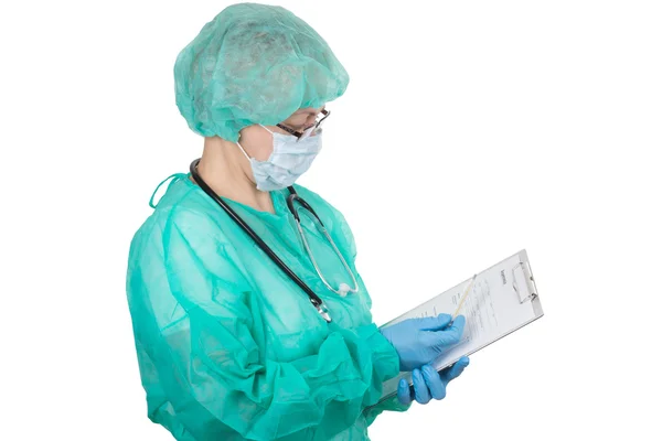 Female doctor with stethoscope and clipboard — Stock Photo, Image