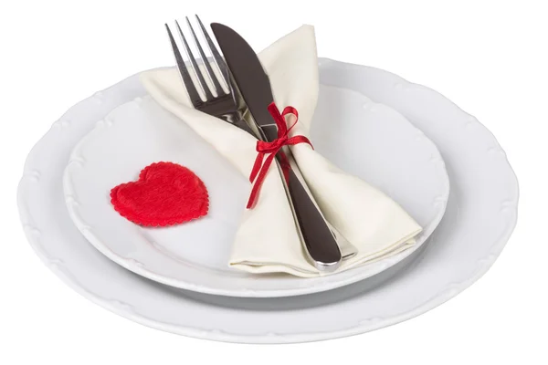 Coeur sur assiette avec fourchette et couteau — Photo