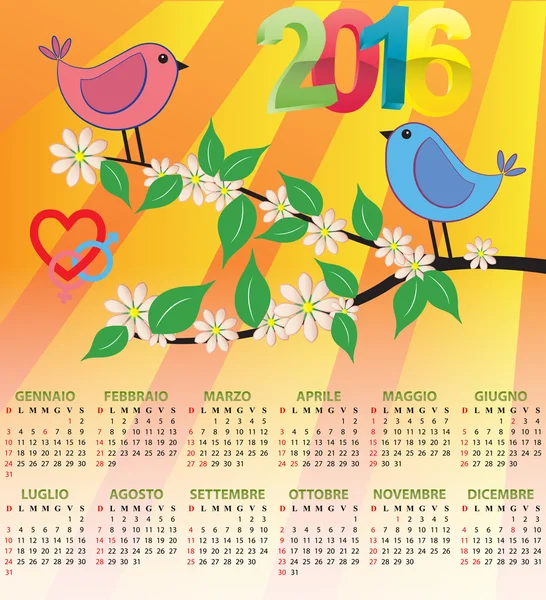 2016 bird calendar — Stock Vector