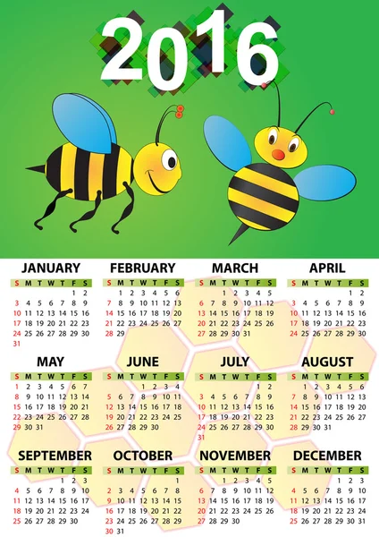 2016 蜜蜂日历 — 图库矢量图片