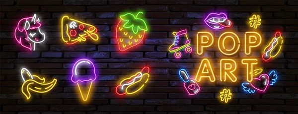 Pop art iconen ingesteld. Pop art neon teken. Helder uithangbord, lichtbanier. Vector illustratie Pop art iconen ingesteld. Pop art neon teken. Set van neon stickers, pinnen, patches in jaren 80-90 neon stijl. — Stockvector