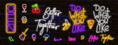 Başlık işaretlerinin farklı boyutlarda neon illüstrasyonları. Neon Açık işareti, neon metin ne isterseniz yapın, birlikte daha iyi. Pop sanat aydınlığı modern simgeler