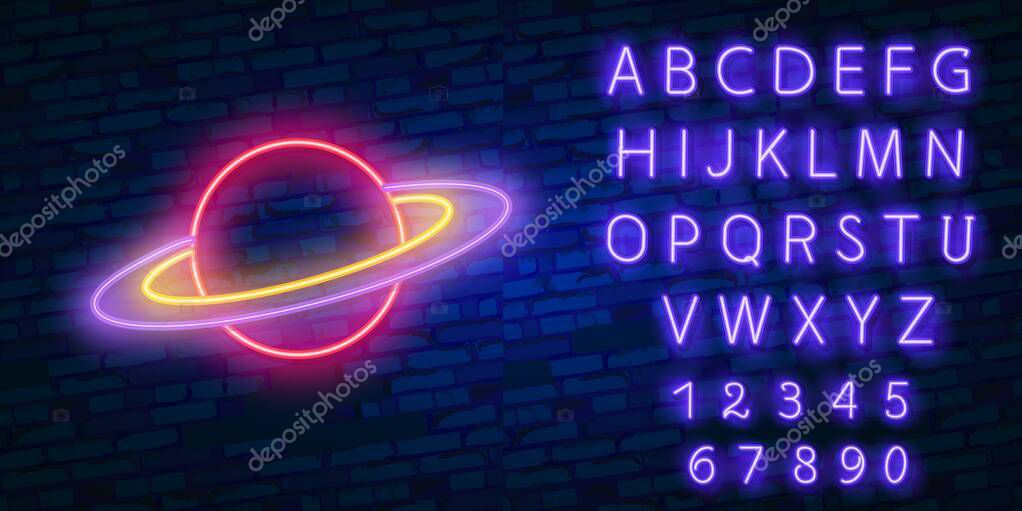 Cosmic neon sign, bright signboard, light banner. Space and Planet logo, emblem