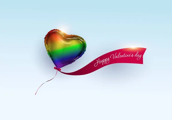 Realistic rainbow balloon in the shape of a heart on a light background with a ribbon and lettering. lgbt community.Vector symbol of the holiday of Valentines Day, wedding or romantic Dating — Image vectorielle