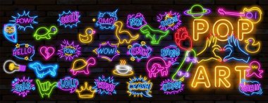 Büyük bir Pop Art neon ışığı seti. Parlak tabela, hafif pankart. Vektör illüstrasyon Pop sanat simgeleri ayarlandı. Pop art neon ışığı işareti.