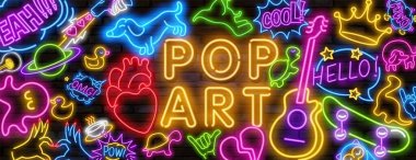 Büyük bir Pop Art neon ışığı seti. Parlak tabela, hafif pankart. Vektör illüstrasyon Pop sanat simgeleri ayarlandı. Pop art neon ışığı işareti.