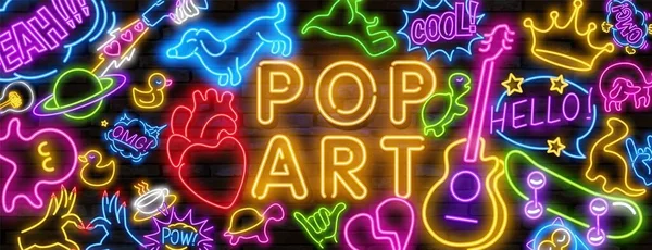 Big set of Pop art neon light sign. Bright signboard, light banner. Vector illustration Pop art icons set. Pop art neon sign. — Stock Vector