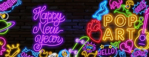 Segno di luce al neon pop art. Cartello luminoso, striscione luminoso. Illustrazione vettoriale Set di icone pop art. Felice anno nuovo in stile neon. — Vettoriale Stock