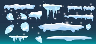 İzole kar örtüsü seti. Kışlık ev dekorasyonu. Mavi arka planda karlı elementler var. Düzenlenebilir kar tanesi karlı dekorasyon elementleri. Donmuş etkisi. Vektör illüstrasyonu