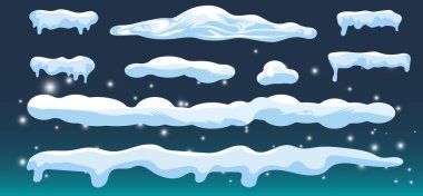 İzole kar örtüsü seti. Kışlık ev dekorasyonu. Mavi arka planda karlı elementler var. Düzenlenebilir kar tanesi karlı dekorasyon elementleri. Donmuş etkisi. Vektör illüstrasyonu