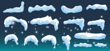 İzole kar örtüsü seti. Kışlık ev dekorasyonu. Mavi arka planda karlı elementler var. Düzenlenebilir kar tanesi karlı dekorasyon elementleri. Donmuş etkisi. Vektör illüstrasyonu