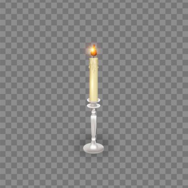 Mum ateşi alevi gibi. Şeffaf arka plan. Mum tutacağı üzerinde gerçekçi parafin mumu Stock vektör illüstrasyonu.