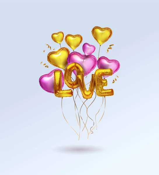 Abstrakte Valentinstag Hintergrund mit Gold und rosa 3D-Luftballons, realistische Luftballons. Die Form eines Herzens. Die Inschrift Liebe aus Luftballons. 14. Februar, meine Liebe. Romantischer Frauentag. — Stockvektor