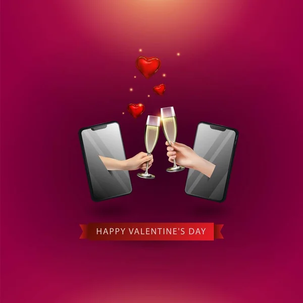 Vector concept of online Valentines day holiday. Male and female hands with a glass of champagne appeared from the phone screen, giving each other their hearts. — Stock Vector