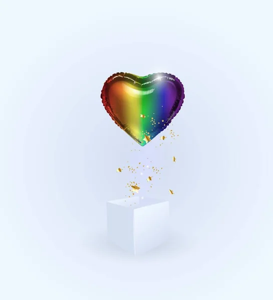 Realistische Luftballons in Herzform auf hellem Hintergrund und eine Gay-Pride-Fahne fliegen aus der Box. Vektor-Symbol für den Feiertag Valentinstag, Hochzeit oder romantisches Dating. — Stockvektor