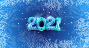 2021 model metalik mavi bayram dekorasyonu. Parlak parti geçmişi. 2021 numaralı mavi folyo balonlar. Gerçek tatil kar taneleri, soğuk bir arka plan..