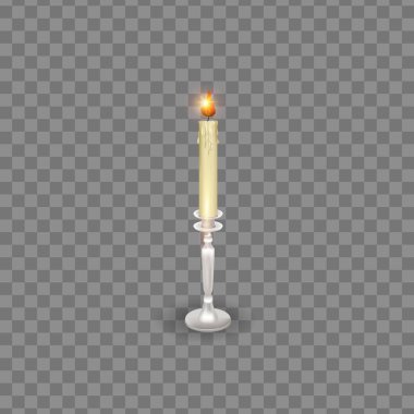 Mum ateşi alevi gibi. Şeffaf arka plan. Mum tutacağı üzerinde gerçekçi parafin mumu Stock vektör illüstrasyonu.