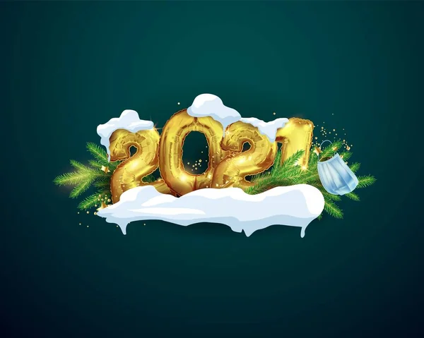 Happy New Year 2021. Set of Golden balloons. Background design metal figures of 2021 under snow caps on the background of a Christmas tree, a Protective mask hanging on a branch. Vector illustration — Stock Vector