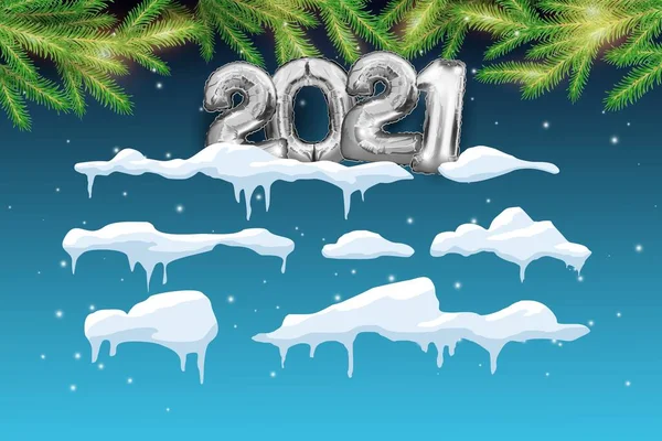 Un ensemble de casquettes de neige sur un fond bleu. Numéros en métal argenté pour 2021 avec un ensemble de casquettes de neige. Éléments givrés et enneigés dans un fond de dessins animés d'arbres de Noël. Illustration vectorielle avec texte. — Image vectorielle