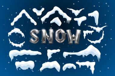 Gerçekçi vektör kar örtüsü. Buz kütleleri koleksiyonu. Kar yağışı vektörünün kış tasarımı. Yeni yıl unsurları ve Noel süsü. Metal topların yazıtları.