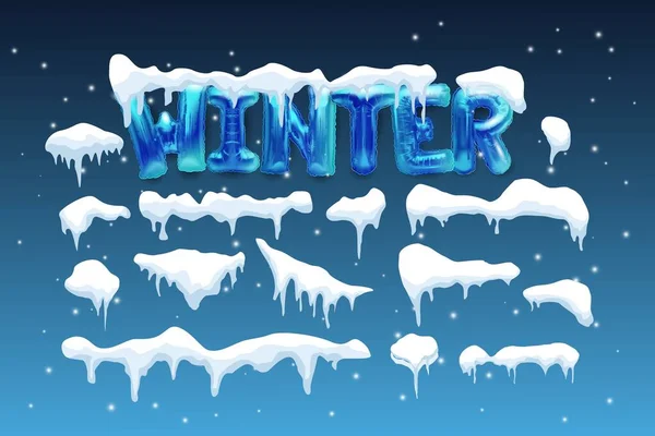 Διάνυσμα φωτεινό αφίσα με την επιγραφή χειμώνα από μεταλλικές μπάλες. Ένα σετ από χιονοπτώσεις και καπέλα. Δημιουργικά λευκά καπάκια χιονιού για το χειμώνα — Διανυσματικό Αρχείο