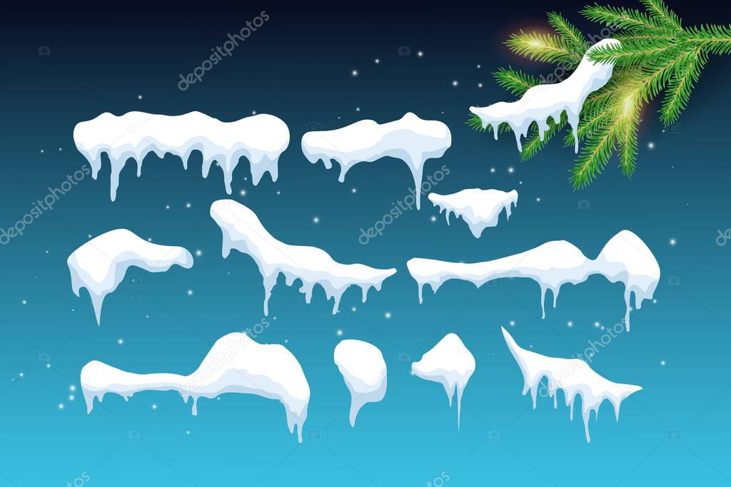 A set of Snow caps, snow clods and snow drifts are installed. Winter decoration element with a spruce branch .Vector illustration