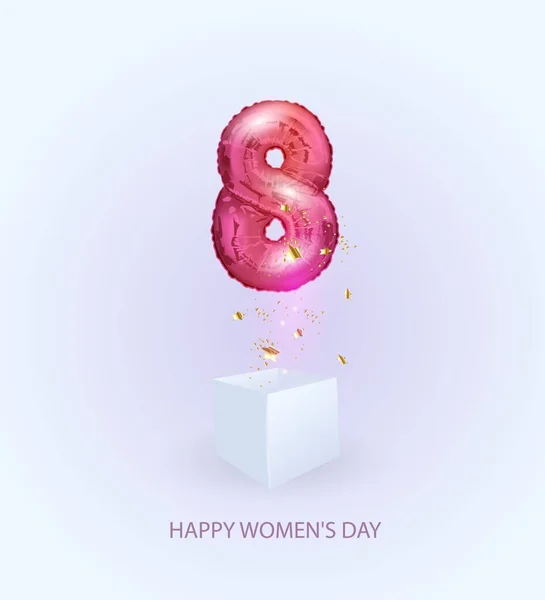 Ρεαλιστικό ροζ χρώμα Φουσκωτό μπαλόνι σχήμα 8 πετά έξω από το κουτί με λαμπερά αστέρια. Ευχετήρια κάρτα για την ημέρα των γυναικών. Εικονογράφηση διανύσματος. — Διανυσματικό Αρχείο