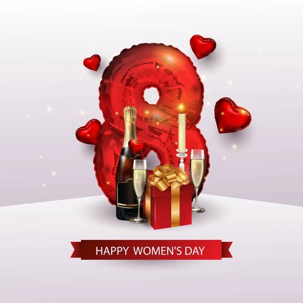 Ημέρα του Αγίου Βαλεντίνου, ημέρα των γυναικών, Επέτειος, ημέρα του γάμου ρομαντικά σύμβολα της αγάπης. Το κόκκινο χρώμα της μορφής οκτώ, αλουμινόχαρτο, ποτήρια, δώρο, ένα μπουκάλι κρασί. 3 d ρεαλιστικές μπάλες — Διανυσματικό Αρχείο