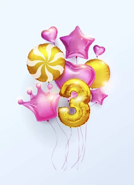 Elegante Gratulation zur Feier von 3 Jahren seit der Geburt. Jubiläum Nummer drei Folienballon für Mädchen mit Sternen, Herzen, Krone. Alles Gute zum Geburtstag, Grußplakat. Vektor — Stockvektor