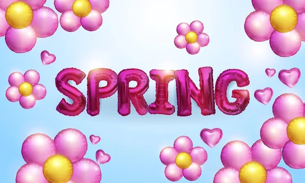 Весенний текст векторного баннера приветствие дизайн с красочными шарами фольги, Яркие 3D цветы для весеннего сезона. Векторная иллюстрация. — стоковый вектор