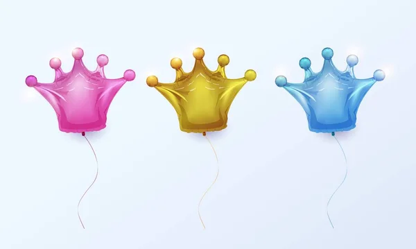 Realistische goldene, blaue, rosa Krone aus Luftballons. Kronensatz für Urlaub, Jubiläum, Geburtstag. 3D-Vektor isoliert — Stockvektor