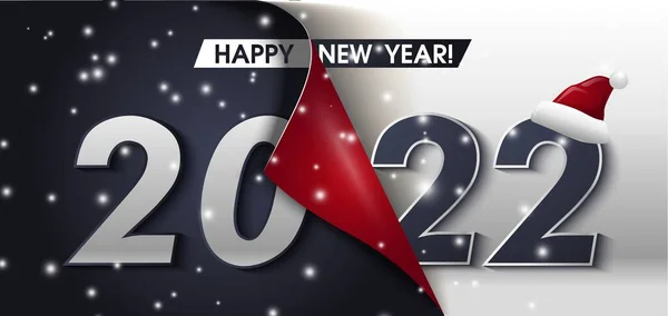 2022 Mutlu Yıllar Siyah Tanıtım Posteri ya da açık hediye paketi kağıtlı afiş. Yeni yılınız kutlu olsun. Yılbaşı broşürleriniz için kağıt stili kırmızı greetig kartı. — Stok Vektör