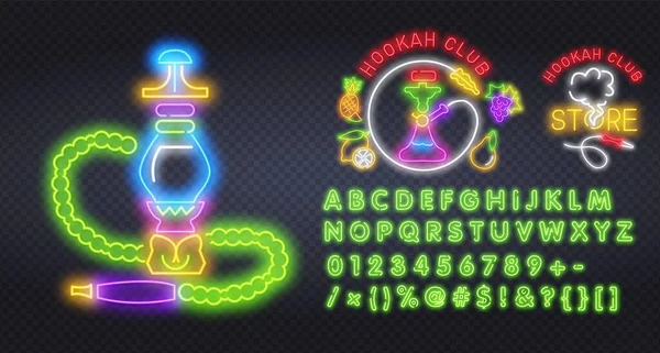 Hookah lounge neon sign. Gancho com mangueira de fumar no fundo da parede de tijolo. Ilustração vetorial em estilo neon para restaurante oriental e clube — Vetor de Stock